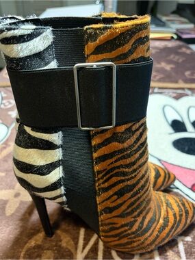 Tiger & Zebra Print Pointed Ankle Boots with Buckle